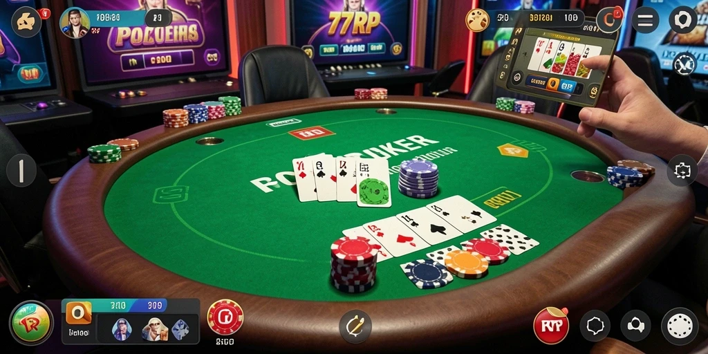 Screenshot gameplay 77RP yang menampilkan momen intens permainan poker.