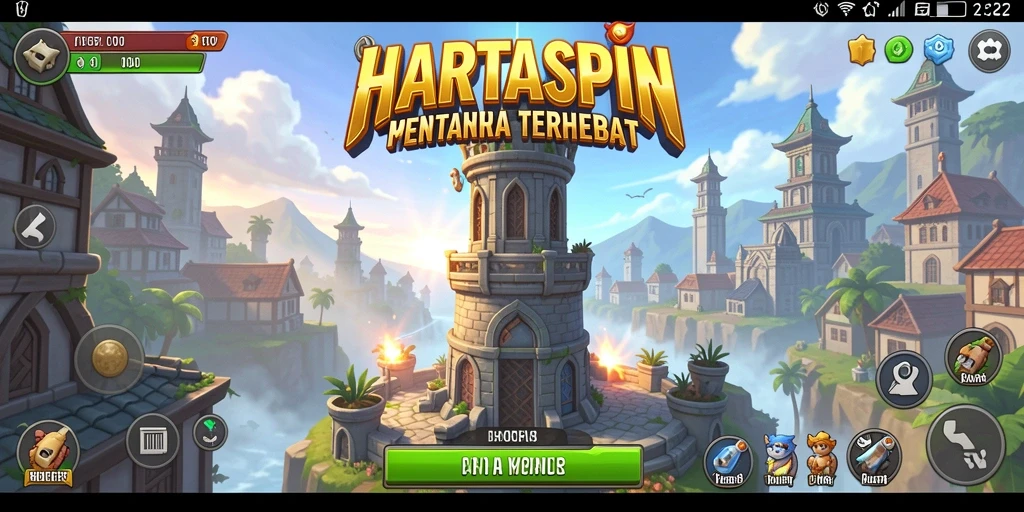Screenshot gameplay HARTASPIN dengan menara pertahanan dan serangan musuh.