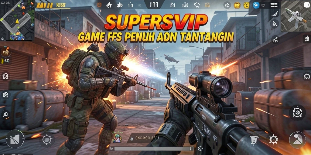 Tangkapan layar utama SUPERSVIP menampilkan aksi seru dalam permainan FPS.